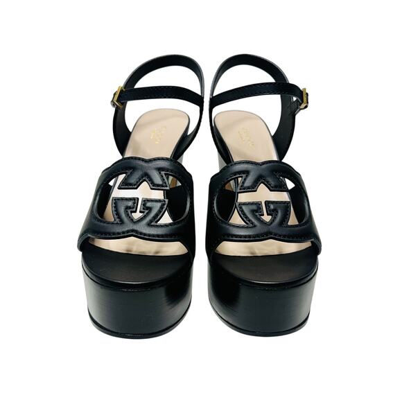 Gucci Cutout Interlocking G 39.5/ US 9.5 Leather Platform Sandals Black NIB - Picture 9 of 15